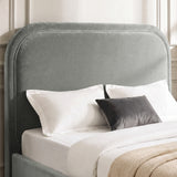 [Light Grey | King] Close-up of plush padded curved headboard with raised border piping that keeps its shape