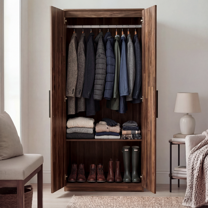 [Dark Bronx]  two door plain wardrobe interior with hanging rail and lower storage shelf for shoes and other items