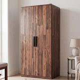 [Dark Bronx] two door wardrobe positioned in room with natural wood grain finish and black wooden handles