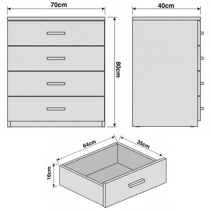 [Dark Bronx]  Dimension diagram of wood rustic four drawer chest with labelled height 80 cm, width 70 cm, depth 40 cm ,and drawer sizes