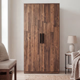 [Dark Bronx]  double door wardrobe front elevation with vertical panels and black wooden handle accents