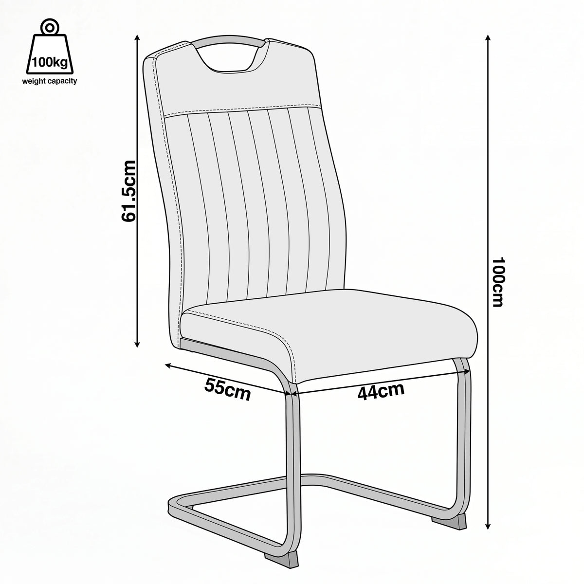 [Dark Brown] Dining chair size guide showing 100cm high, 44cm wide, 55cm deep, 61.5cm back and 100kg load capacity.