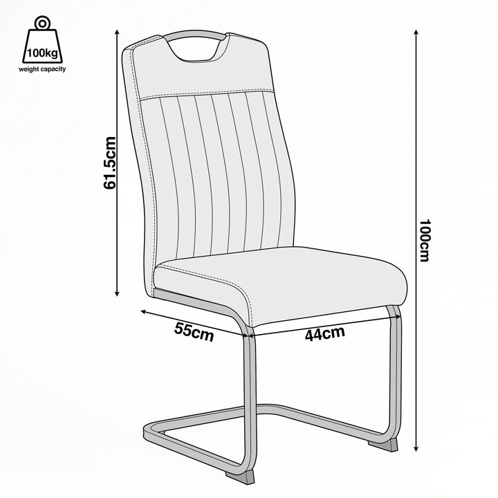 [Dark Brown] Dining chair size guide showing 100cm high, 44cm wide, 55cm deep, 61.5cm back and 100kg load capacity.