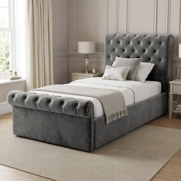 [Single | Dark Grey] Chesterfield Single Ottoman Storage Bed Dark Grey Velvet styled in an elegant bedroom setting.