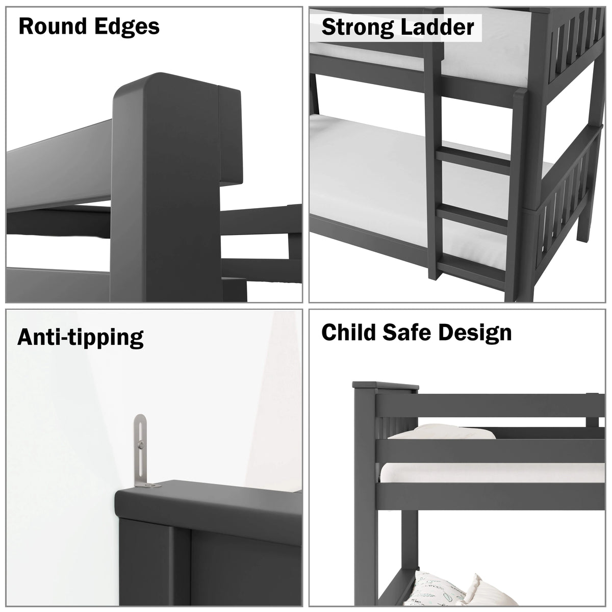 [Dark Grey] bunk bed safety: round edges strong ladder anti-tipping child safe rail