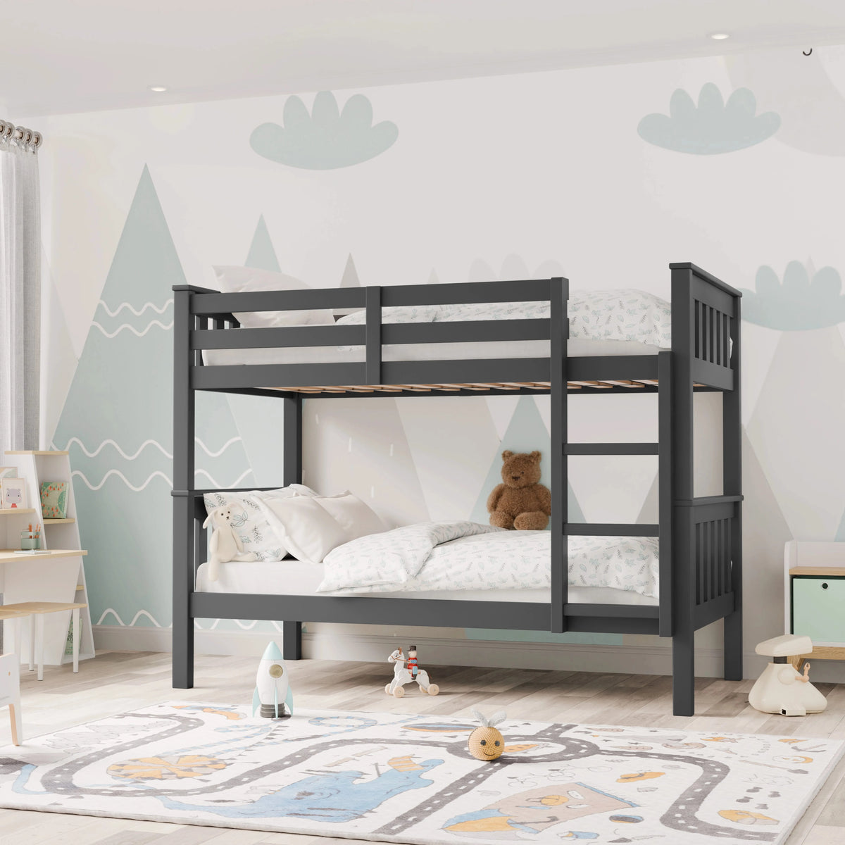 [Dark Grey] angled front view of double bed bunk bed frame showing whole bed placed against a mountain mural wall
