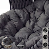 [Dark Grey] Cushion detail on dark grey hanging egg chair showing quilted padding with UV, soft and breathable badges