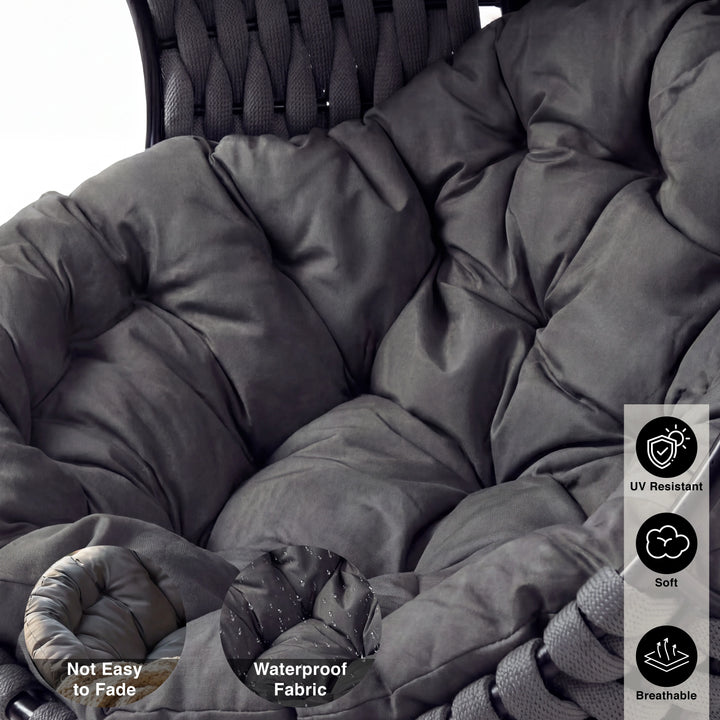 [Dark Grey] Cushion detail on dark grey hanging egg chair showing quilted padding with UV, soft and breathable badges