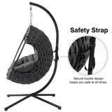 [Dark Grey] Hanging egg chair in dark grey rope with safety buckle strap callout showing secure buckle design