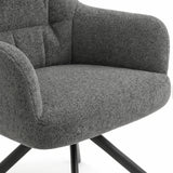 [Dark Grey | Set of 2] Dining chair close-up of boucle seat, rounded arm and stitched padded back, with black legs partly visible.
