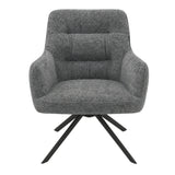 [Dark Grey | Set of 2] Front view of the swivel dining chair with rounded arms, stitched padded back, wide seat & black metal legs