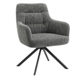 [Dark Grey | Set of 4] Angled view of the Elite swivel dining chair with rounded arms, stitched back, wide tub seat and black base