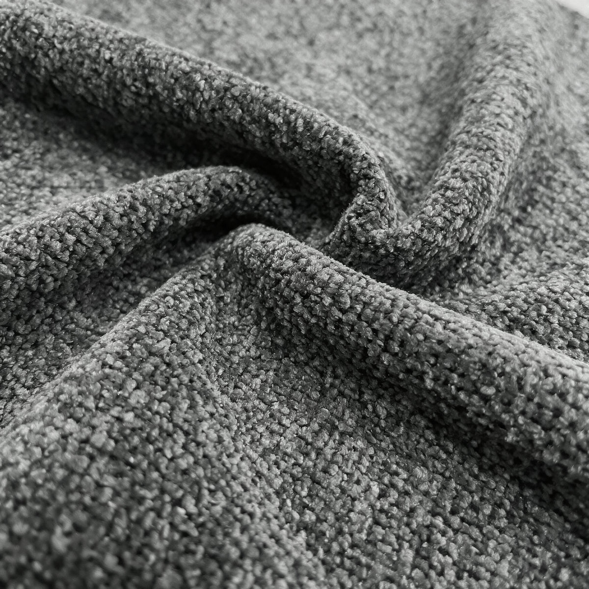 [Dark Grey | Set of 4] Elite dining chair close-up of plush chenille boucle fabric with dense loops and tonal shading.