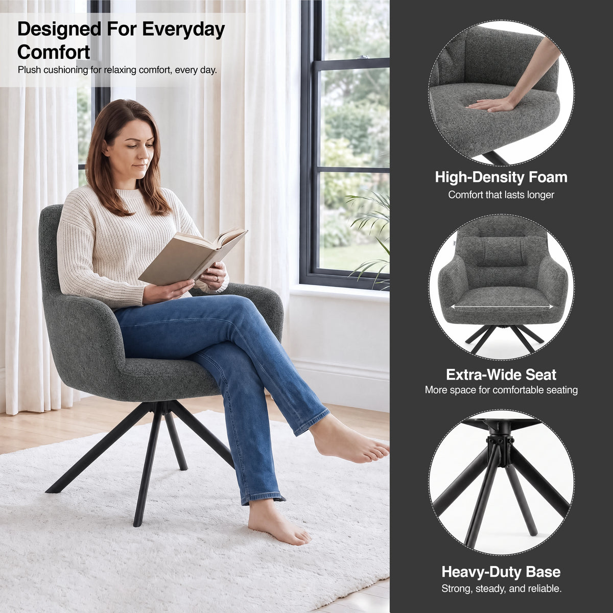 [Dark Grey | Set of 4] Woman reading in a swivel chair, showing high-density foam, extra-wide seat and a heavy-duty metal base.