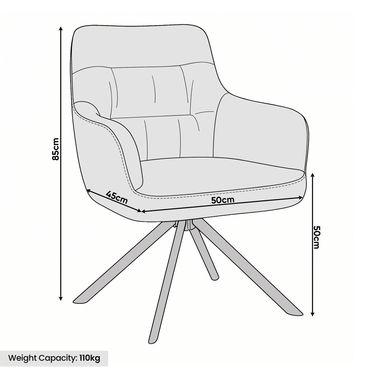 [Dark Grey | Set of 4] Swivel dining chair size guide showing 85cm high, 50cm wide, 45cm deep, 50cm seat height and 110kg capacity