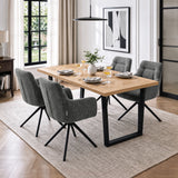 [Dark Grey | Set of 2] Two pairs of swivel modern dining room chairs at a wood table styled with wine glasses and a white vase.