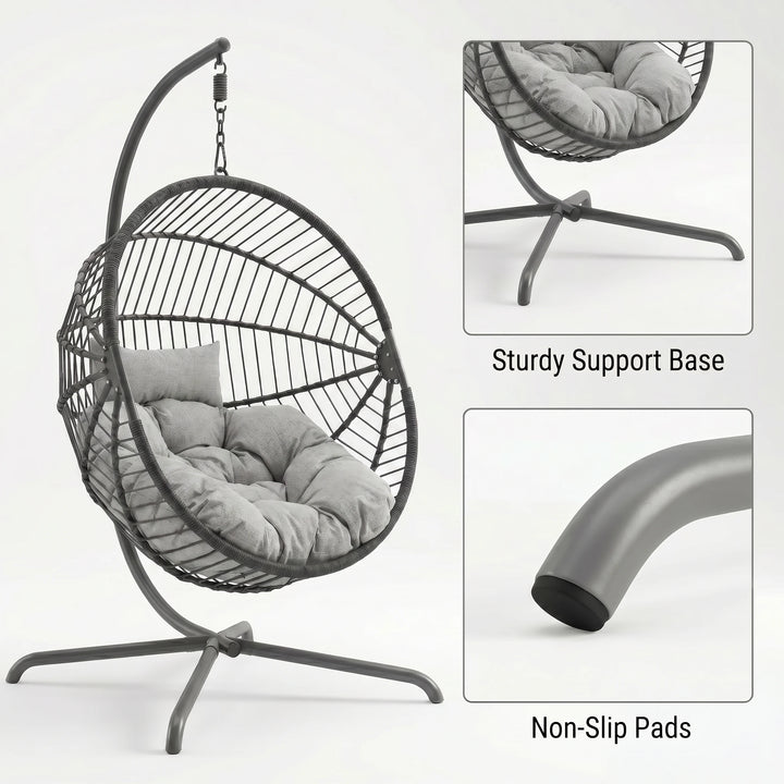 [Dark Grey] Hanging chair with gray cushion, sturdy support base, and non-slip pads on a white background