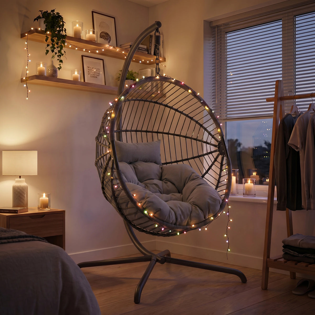 [Dark Grey] Hanging egg chair with lights in a cozy room setting