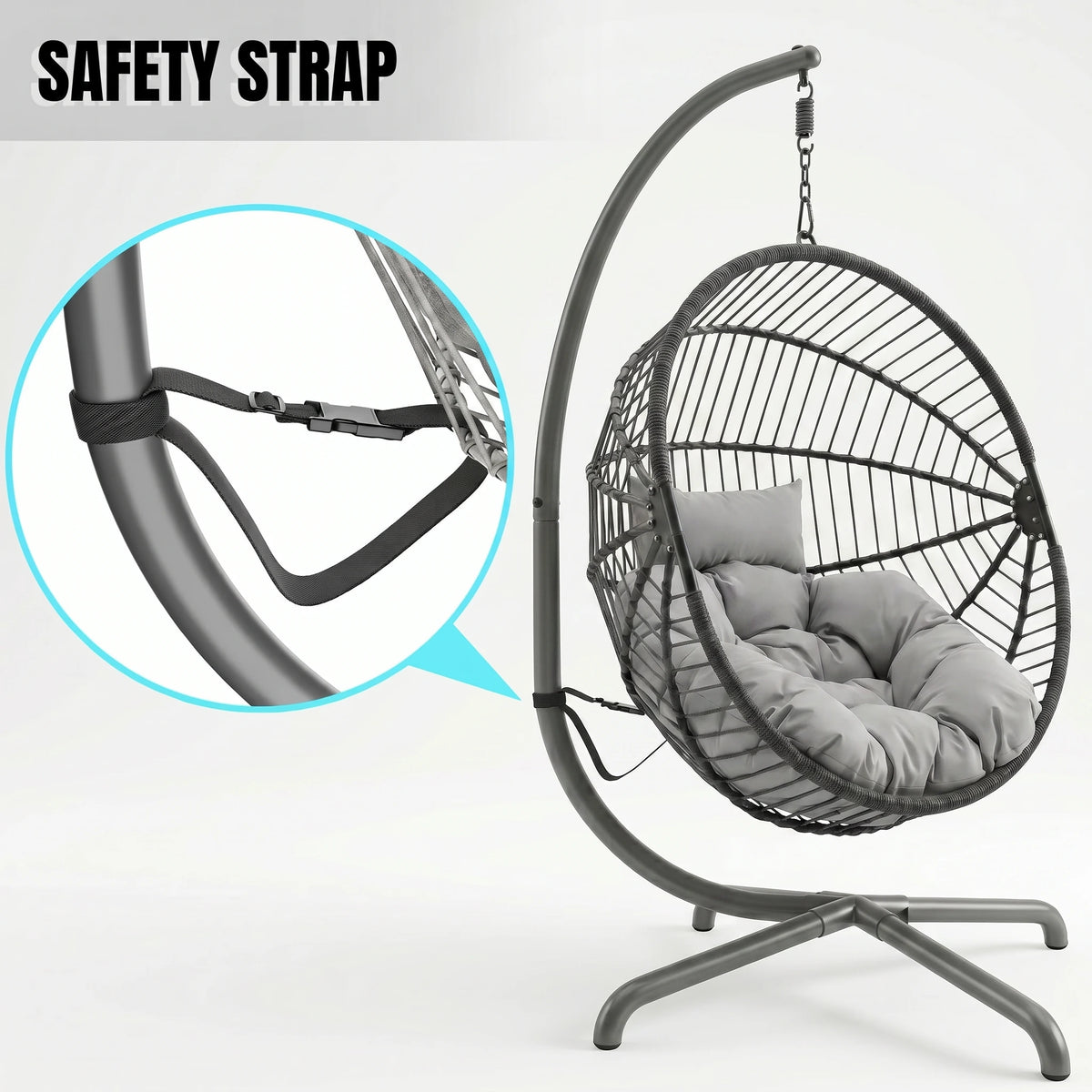 [Dark Grey] Hanging chair with safety strap feature on a white background