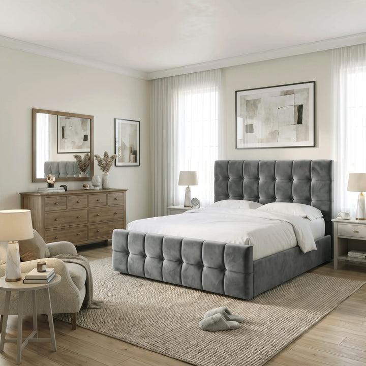 [King | Dark Grey] King Ottoman Storage Bed Frame Dark Grey Velvet Square Tufted styled in a spacious, modern bedroom setting.