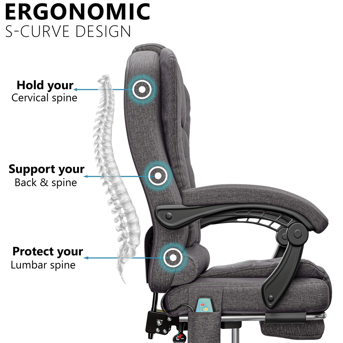 [Dark Grey Linen] with its contoured lumbar curve, this dark grey linen ergonomic desk chair offers posture support in a professional setting