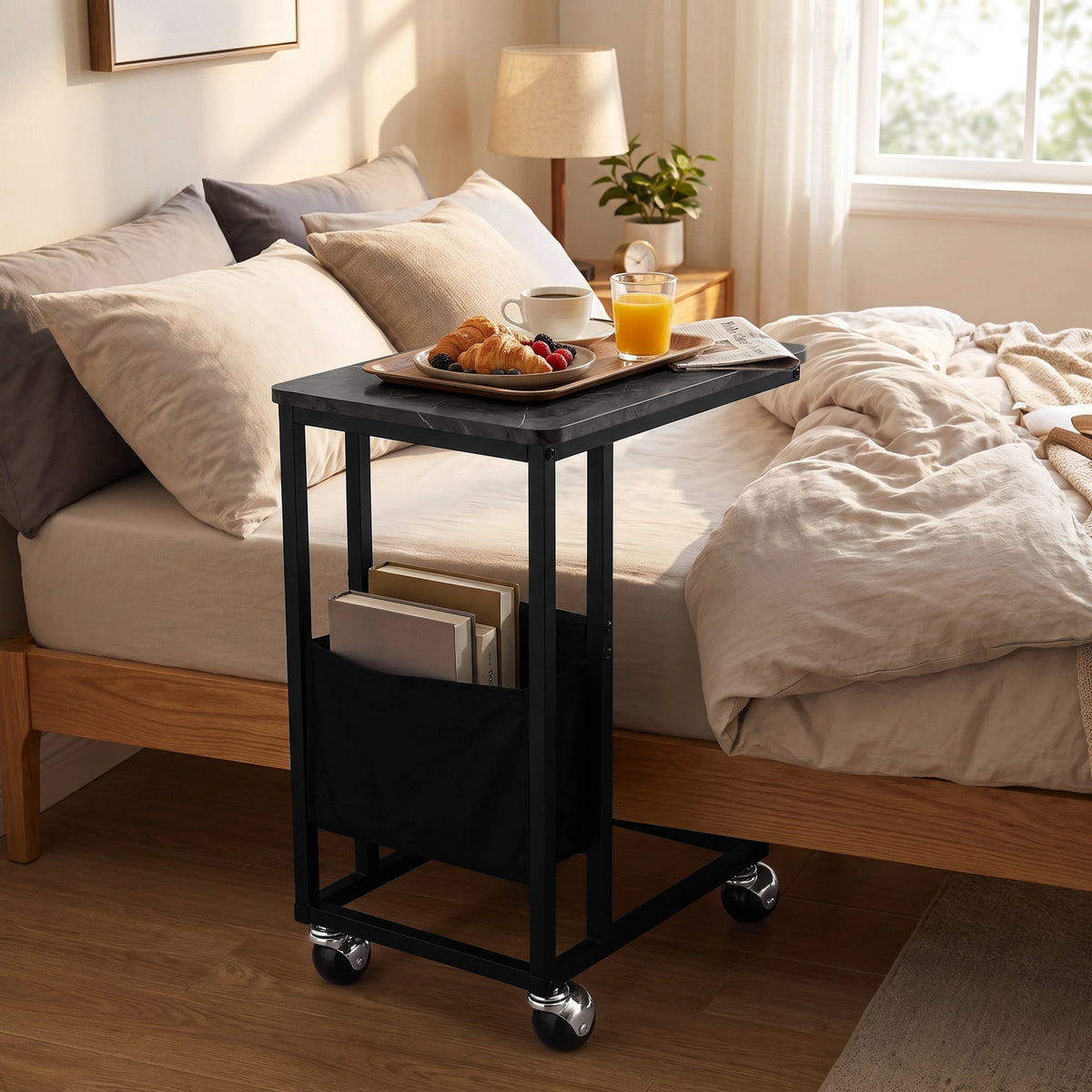 [Grey Marble] side table beside bed with grey marble-effect top, side pouch storage, snacks and rolling caster wheels