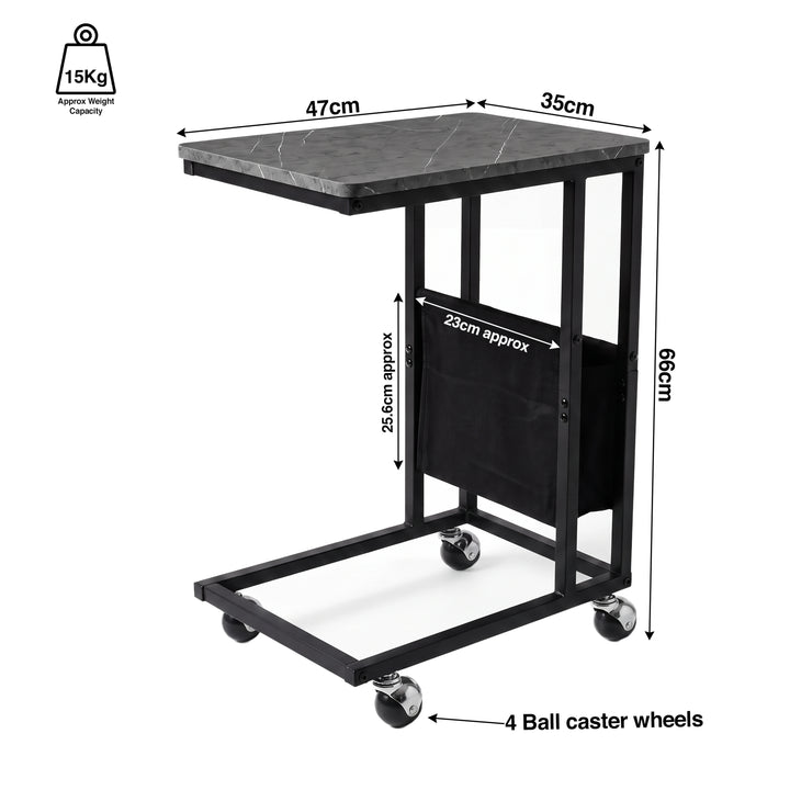 [Grey Marble] dimensions graphic: 47 W x 35D x 66H mm, 15 mm top, 20 mm metal frame, 4 caster wheels