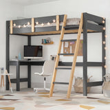 [Dark Grey + Pine] Loft bunk bed front view showing raised sleeping platform with desk workspace and swivel chair underneath