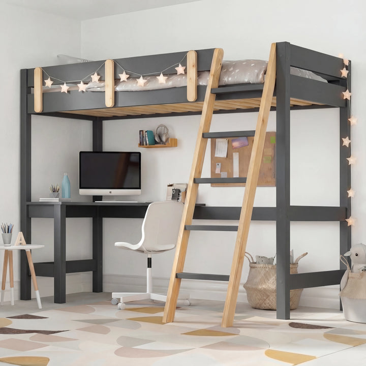 [Dark Grey + Pine] Loft bunk bed front view showing raised sleeping platform with desk workspace and swivel chair underneath