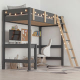 [Dark Grey + Pine] bunk bed side view of high sleeper with built-in desk showing shelves and corkboard workspace setup
