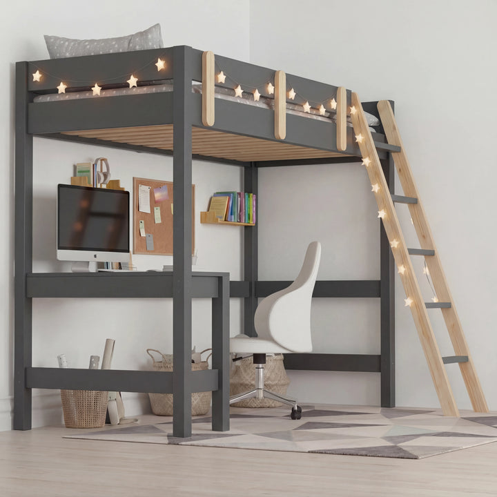 [Dark Grey + Pine] bunk bed side view of high sleeper with built-in desk showing shelves and corkboard workspace setup