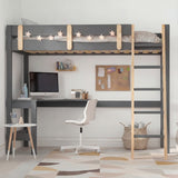 [Dark Grey + Pine] High sleeper loft bunk bed full frame front view with desk below showing angled ladder and safety rail