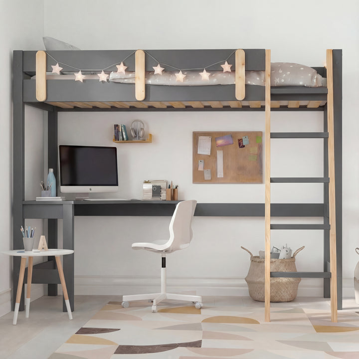 [Dark Grey + Pine] High sleeper loft bunk bed full frame front view with desk below showing angled ladder and safety rail
