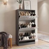 [Dark Grey & Silver Grey] High Gloss 3 Door Shoe Cabinet with all three flip doors open showing three fully loaded tiered racks of heels and flats in a hallway setting