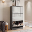 [Dark Grey & Silver Grey] High Gloss 3 Door Shoe Cabinet with bottom flip door open displaying heels on the tiered rack.