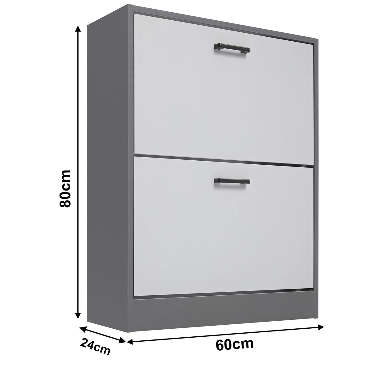 [Dark Grey & Sliver Grey] Dimensions of the side profile of a grey pull-down shoe storage unit: width 60 cm, depth 24 cm, and height 80 cm.