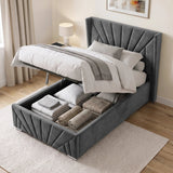 [Single | Dark Grey] upholstered bed frame with a tall channel-tufted sunrise headboard and matching footboard, shown in a styled bedroom