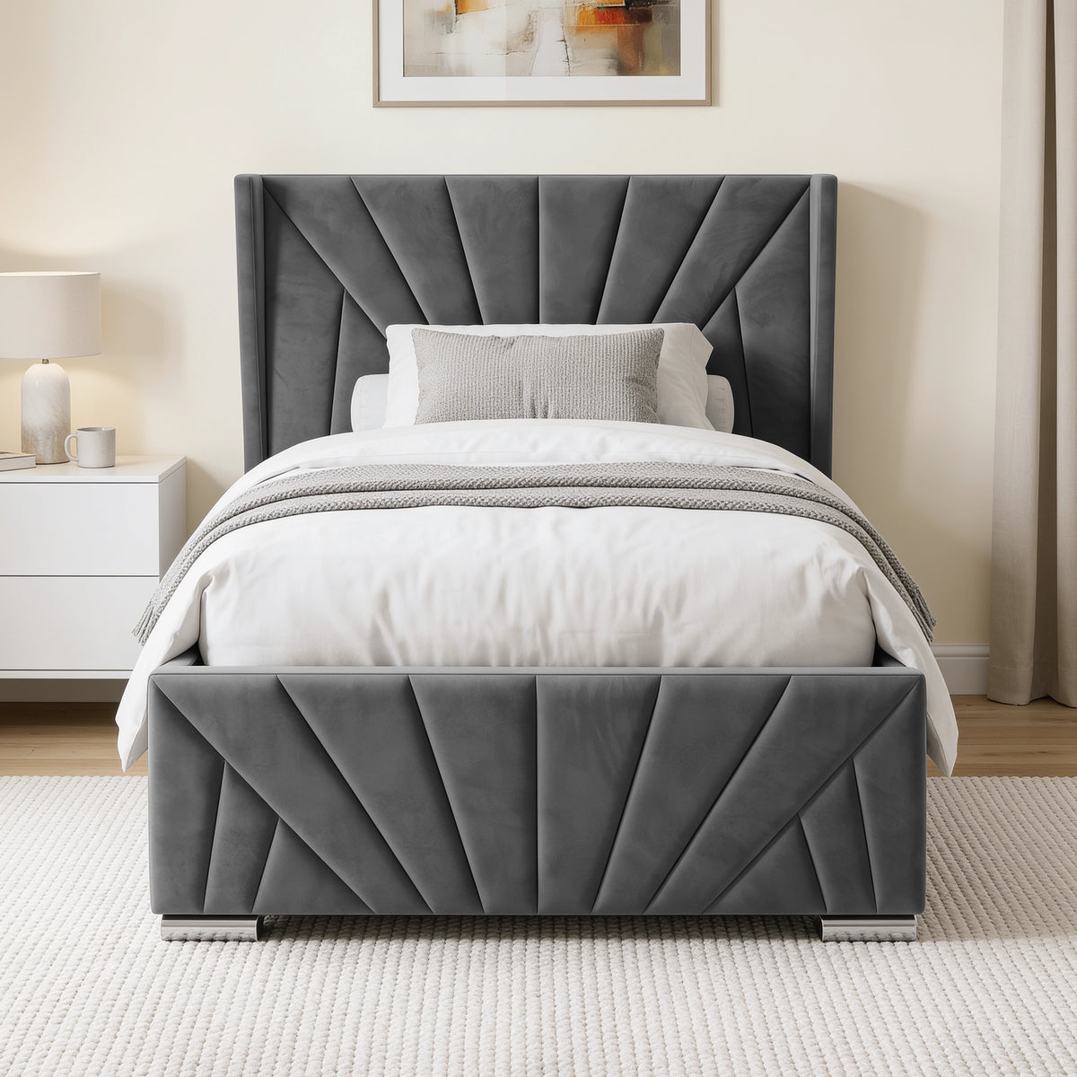 [Single | Dark Grey] upholstered bed frame with a tall channel-tufted headboard and matching footboard, shown in a styled bedroom