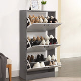 [Dark Grey & Silver Grey] Side view of grey and white 3 drawer slim shoe cabinet fully open, storing various shoes. Space-saving tall shoe storage solution.