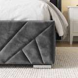 [Double | Dark Grey] close-up of a modern bed frame upholstered in dark grey geometric tufted velvet, styled with white bedding in a bedroom setting.