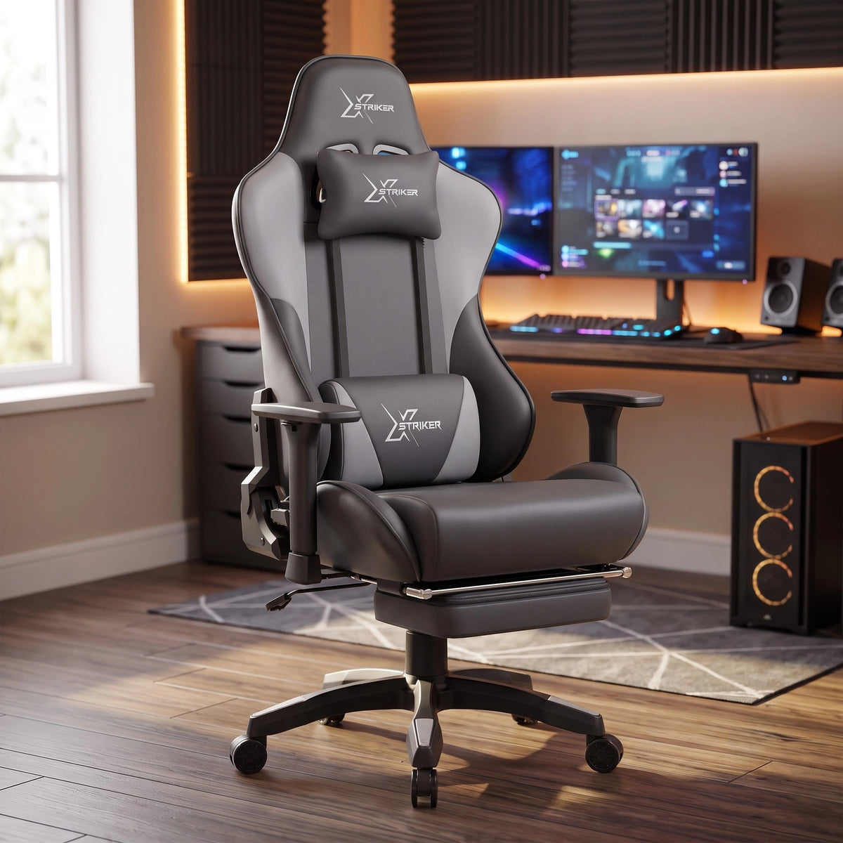 [Dark Grey + Light Grey] Ergonomic Gaming Chair with Footrest positioned in front of a gaming desk setup.