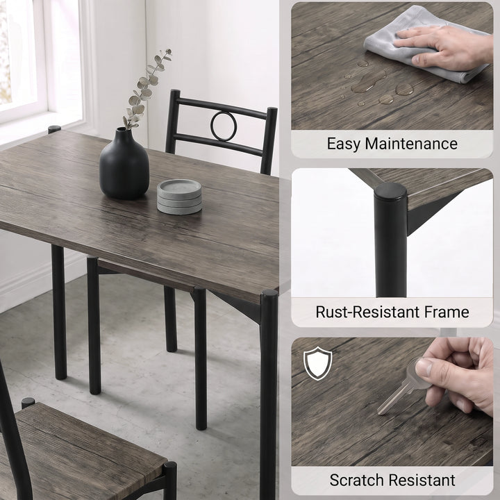[Dark Wood] Feature graphic showing the wipe-clean surface, rust-resistant frame and scratch-resistant top with close-up panels