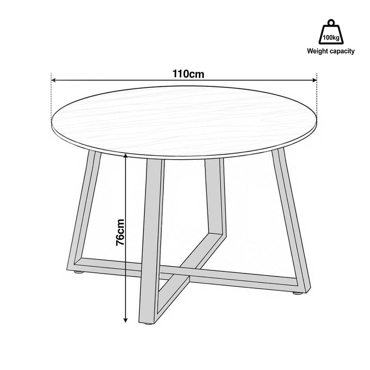 [Dark Wood] Dimension guide showing the round tabletop width, 76 cm table height and 100 kg weight capacity.