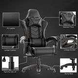 [Black] Ergonomic gaming chair with lumbar support, padded armrest, PU leather finish, headrest pillow, and sturdy base for home or office use.