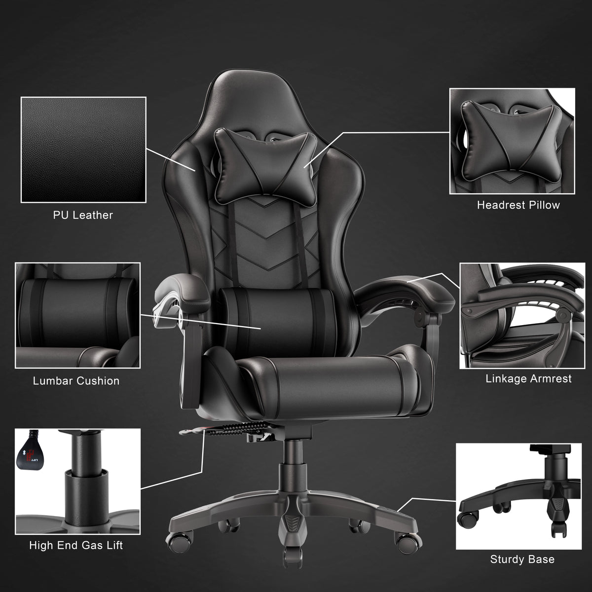 [Black] Ergonomic gaming chair with lumbar support, padded armrest, PU leather finish, headrest pillow, and sturdy base for home or office use.
