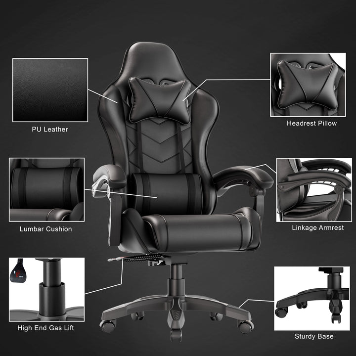 [Black] Ergonomic gaming chair with lumbar support, padded armrest, PU leather finish, headrest pillow, and sturdy base for home or office use.