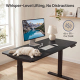 [160cm x 70cm] close-up of 160cm x 70cm black desk top: cat curled by keyboard, lamp glowing and 55dB indicator