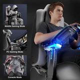[Black + Grey] Gaming chair with adjustable modes for mobile, PC, and console gaming, featuring a person using a controller.