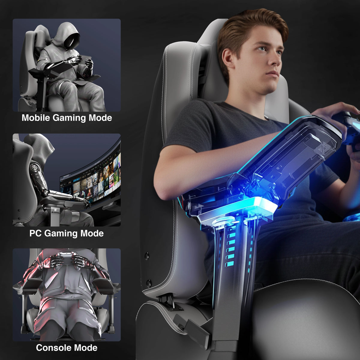 [Black + Grey] Gaming chair with adjustable modes for mobile, PC, and console gaming, featuring a person using a controller.
