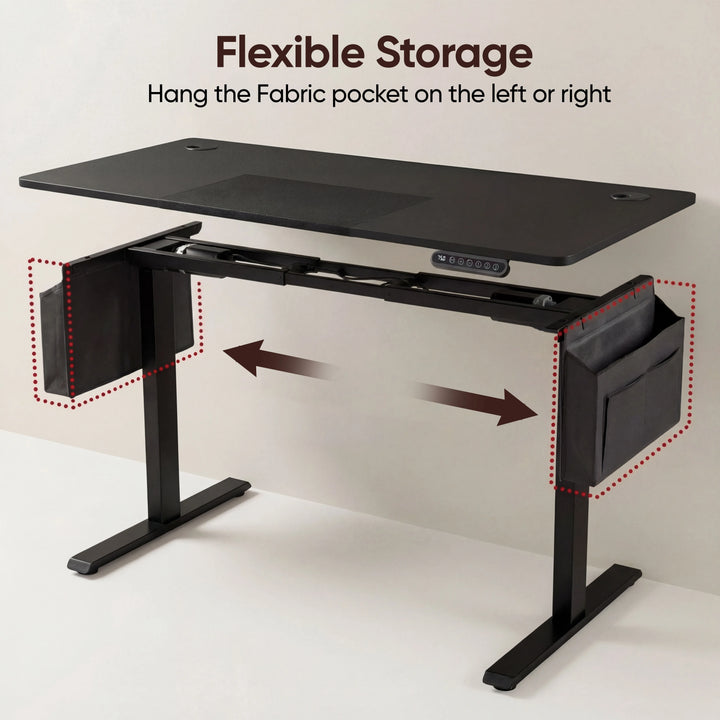 [140cm x 60cm] rear view of 140cm black standing desk with arrows showing fabric pocket can hang on either side leg